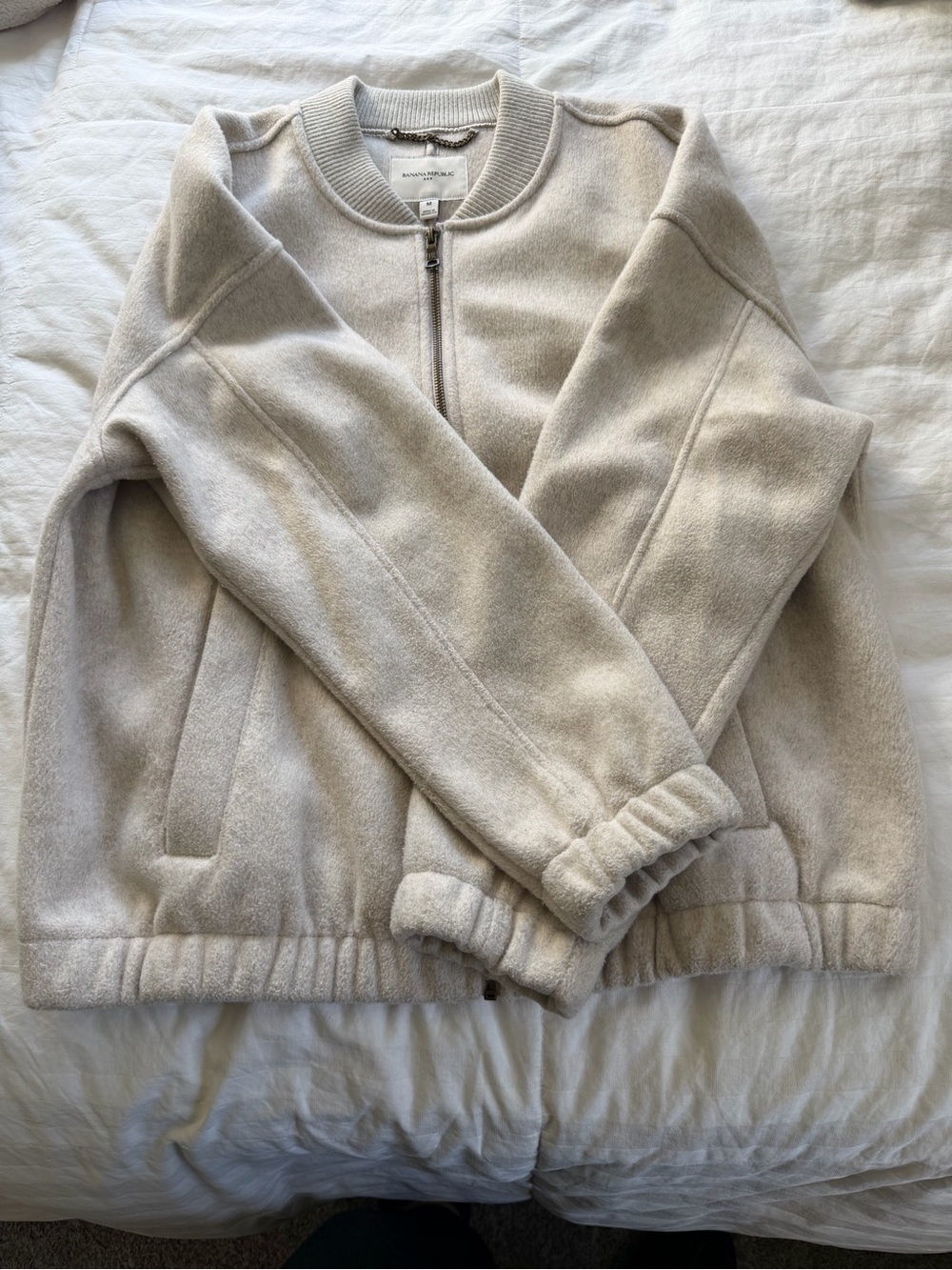 Banana Republic Cream/Taupe Bomber Jacket - Plush Zip Front